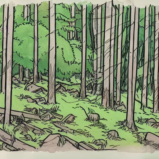 Image similar to Comic panel of a forest clearing, (inktober), line art, (((water color))), by Bill Waterson, By Jake Parker