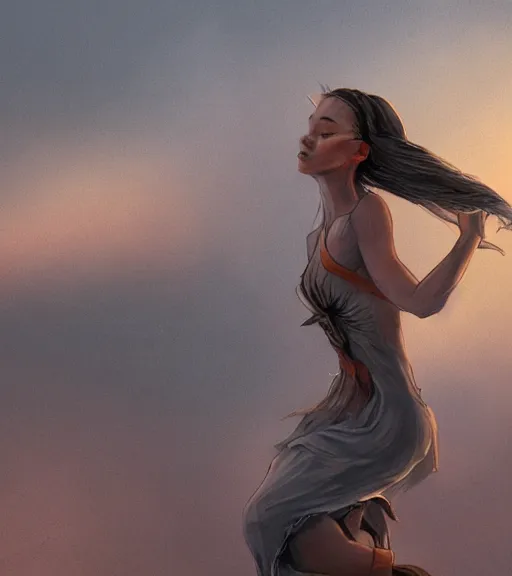 Image similar to Portrait of woman dancing, in the apocalyptic sunrise, countryside, dimly lit, wispy smoke, intricate, highly detailed, digital painting, artstation, concept art, sharp focus, illustration, art by manara