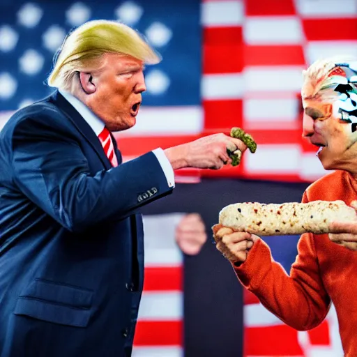 Image similar to Donald Trump and Joe Biden fighting over a sausage, Canon EOS R3, f/1.4, ISO 200, 1/160s, 8K, RAW, unedited, symmetrical balance, in-frame