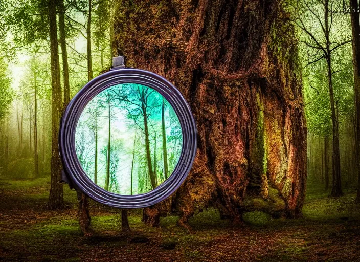 Image similar to photo of a mirror that is a portal to another world, in the forest. Fantasy magic style. Highly detailed 8k. Intricate. Nikon d850 55mm. Award winning photography.