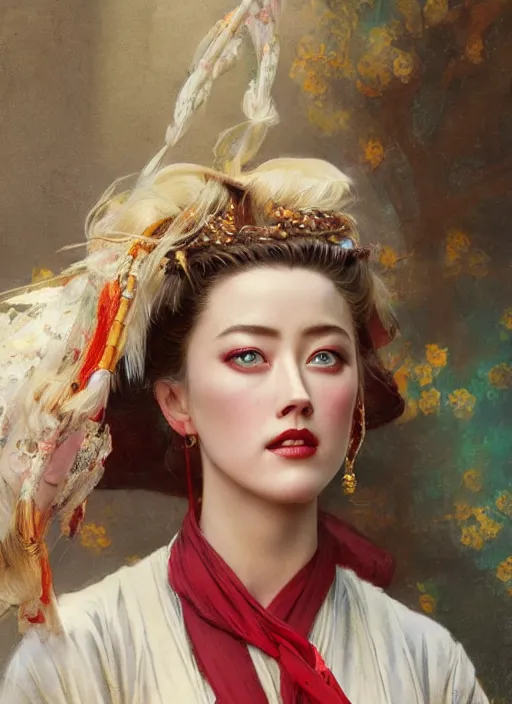 Image similar to detailed portrait of amber heard wearing hanfu, natural light, painting by gaston bussiere, craig mullins, j. c. leyendecker