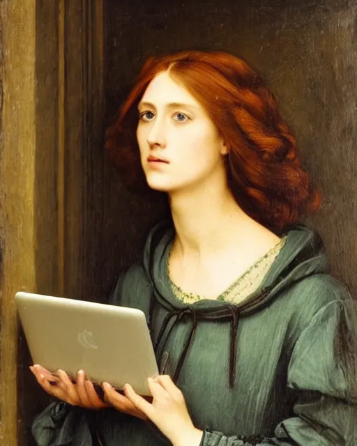 Image similar to Pre-Raphaelite portrait of a young beautiful woman with short blond hair, wearing a hoodie, holding a macbook