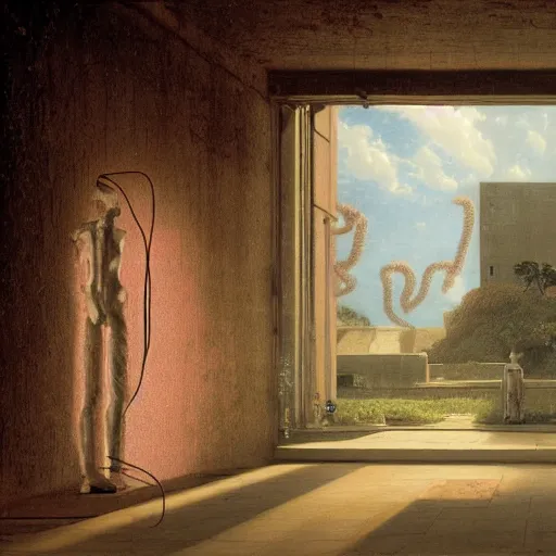 Prompt: hyperrealistic liminal spaces, David Friedrich, award winning masterpiece with incredible details, Zhang Kechun, a surreal vaporwave vaporwave vaporwave vaporwave vaporwave painting by Thomas Cole of an old pink mannequin head wearing VR goggles with cables and wires coming out of it's neck, highly detailed