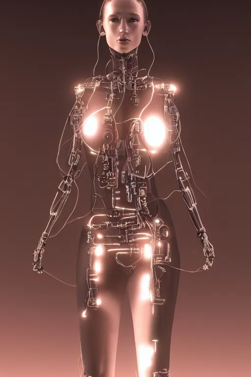 Prompt: a full body portrait of a replicant female, cybernetic body connected with wires, hyperrealism, ultra realistic, 4k, unreal engine 5 render, wide angle lens, trending on artstation, crispt details