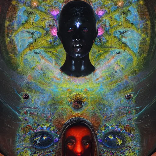 Prompt: one dark figure taming a supercomputer made of nervous system, channeling third eye energy, surrounded by a background of dark cyber mystic garden of earthly delights, midnight hour, painted part by wojciech siudmak, part by ilya repin, part by norman rockwell, part by hype williams, artstation