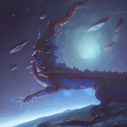 Prompt: Blue scaled dragon, chrystalline dragon, devouring an earth like planet in space, sun system, nebula in the background, oil painting, by Fernanda Suarez and Edgar Maxence and Greg Rutkowski