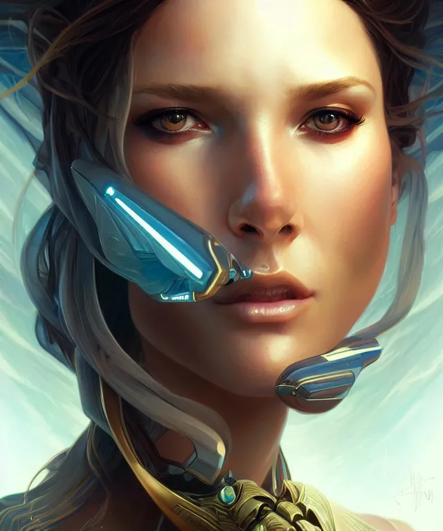 Image similar to futuristic woman portrait, sci-fi, amber eyes, face, long hair, fantasy, intricate, elegant, highly detailed, digital painting, artstation, concept art, smooth, sharp focus, illustration, art by artgerm and greg rutkowski and alphonse mucha