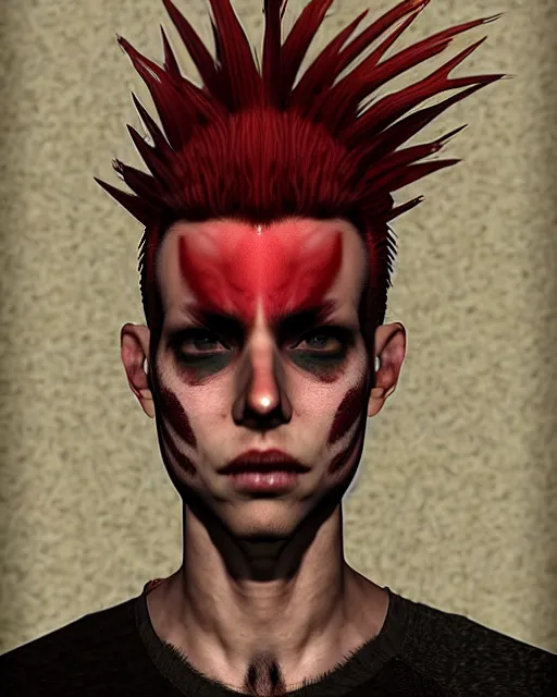 Prompt: young man with a short red mohawk, red irises and a slim face, piercings, dressed in crustpunk clothing, headshot, attractive, handsome, model, trending on artstation, high quality art, character design, realism art, award winning art, clean face, in color, no makeup, no tattoos, no facial hair