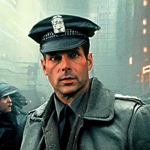 Image similar to film still blade runner with officer Deckard played by Viktor Orban