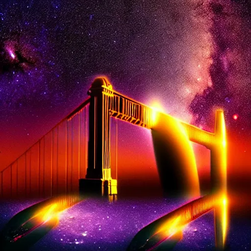 Image similar to Twin Towers between towers is a distant Golden Gate Bridge, glowing black hole in the night sky in front of the Milky Way, red-hooded magicians casting purple colored spells towards the towers, white glowing souls flying out of the towers to the black hole in the style of The Lord of the Rings