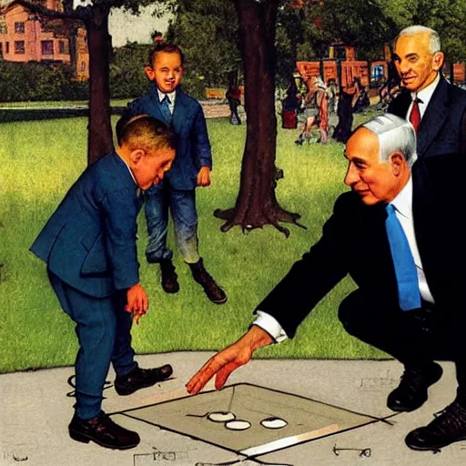 Prompt: benjamin netanyahu playing hopscotch in a public park, by norman rockwell