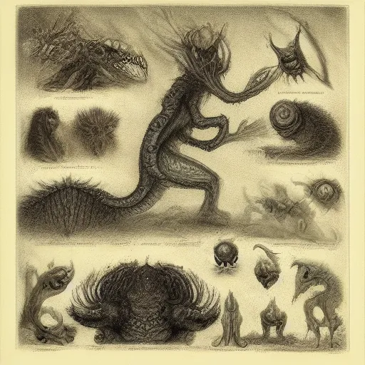 Image similar to bestiary of creatures from the depths of the unconscious psyche