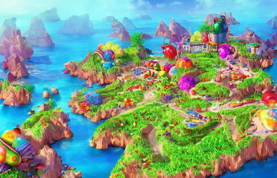 Image similar to an entire island made out of candy, candied island, photorealistic digital art, fantasy and realistic concept art, dynamic lighting, air view, beautiful scenery