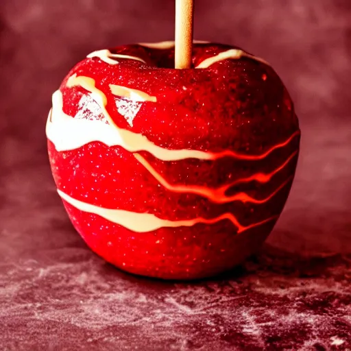 Prompt: candy apple, food photography, cracks of magma, glowing, fire, space, orange, red