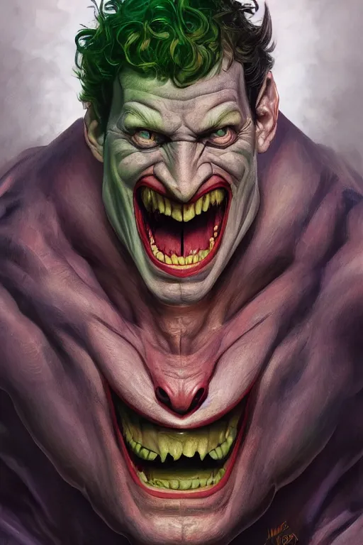 Image similar to portrait of mark zuckerberg as the joker as a hulking herculean demon orc bugbear clown, godlike, upper body, fantasy, intricate, elegant, highly detailed, digital painting, artstation, concept art, sharp focus, illustration, art by artgerm and greg rutkowski and alphonse mucha