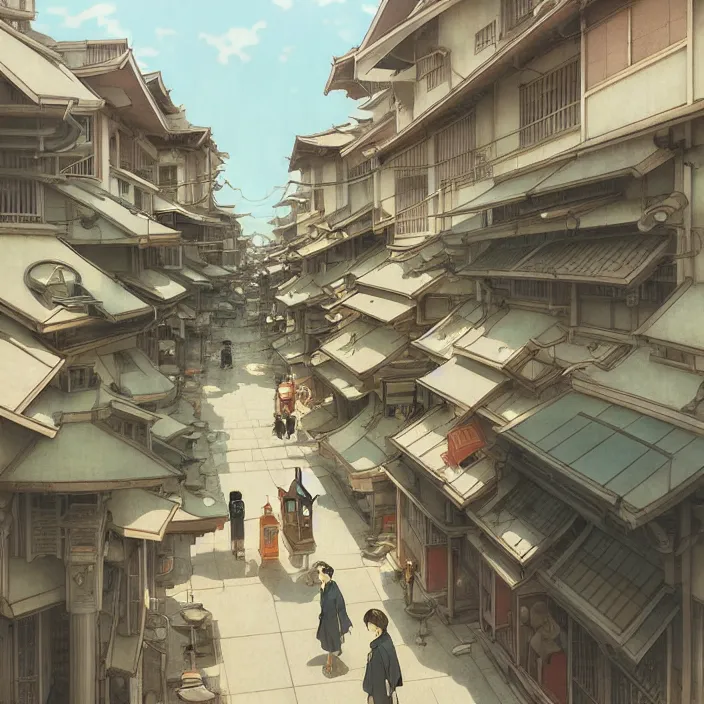 Prompt: empty japanese city, spring, in the style of studio ghibli, j. c. leyendecker, greg rutkowski, artem