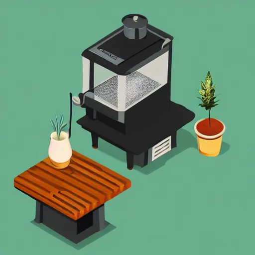 Image similar to isometric cartoon cannabis cafe interior shop axonometric espresso machine, aluminum sheen, few plants in pots, by benoit mandelbrot, cute minimal concept art illustrated by anni albers