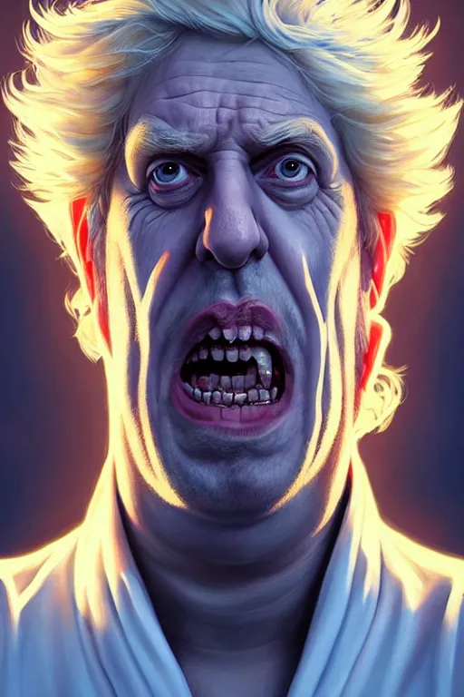 Image similar to Boris Johnson as Rick Sanchez, one eyebrow, white robe, big eyes, 2d portrait, symmetrical, highly detailed, digital painting, artstation, concept art, smooth, sharp focus, illustration, cinematic lighting, art by artgerm and greg rutkowski and alphonse mucha