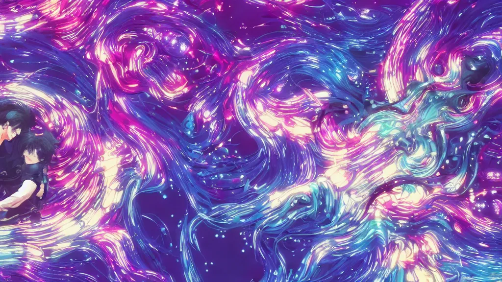 Image similar to detailed and realistic illustration of two presons dancing together, around them a swirl of colors and spirits of fantastic animals surrounding them in a glow, dark blue and intense purple color palette, art by kuvshinov ilya and kojima ayami and amano yoshitaka, 4 k