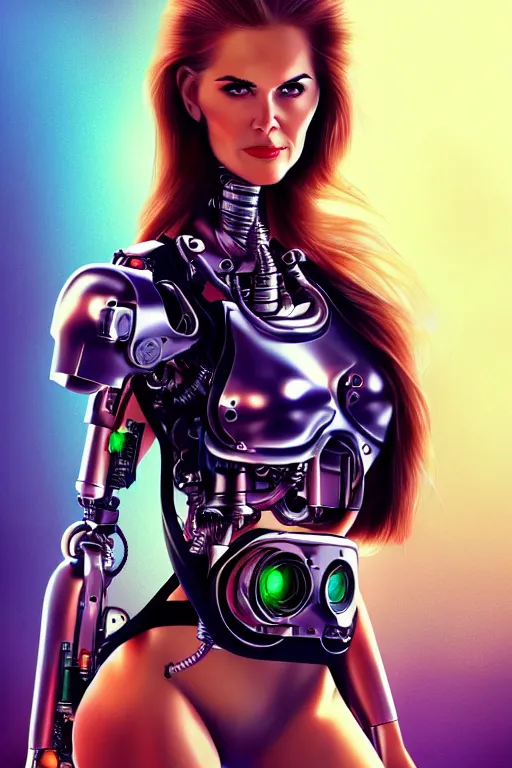 Image similar to mix of beautiful young maria shriver, mariel hemmingway, brooke shields, nicole kidman and elle macpherson as a cyborg terminator, thin lips, hair tied up in a pony tail, dark blonde hair, colorful, artstation, cgsociety