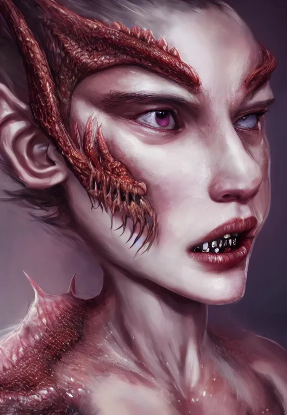 Image similar to The Child of a Beautiful Woman and a Dragon, demigod, beautiful, artstation, character design 4k, 8k, realistic, scales, fangs, girl, woman, detailed, hard, portrait, studio lighting