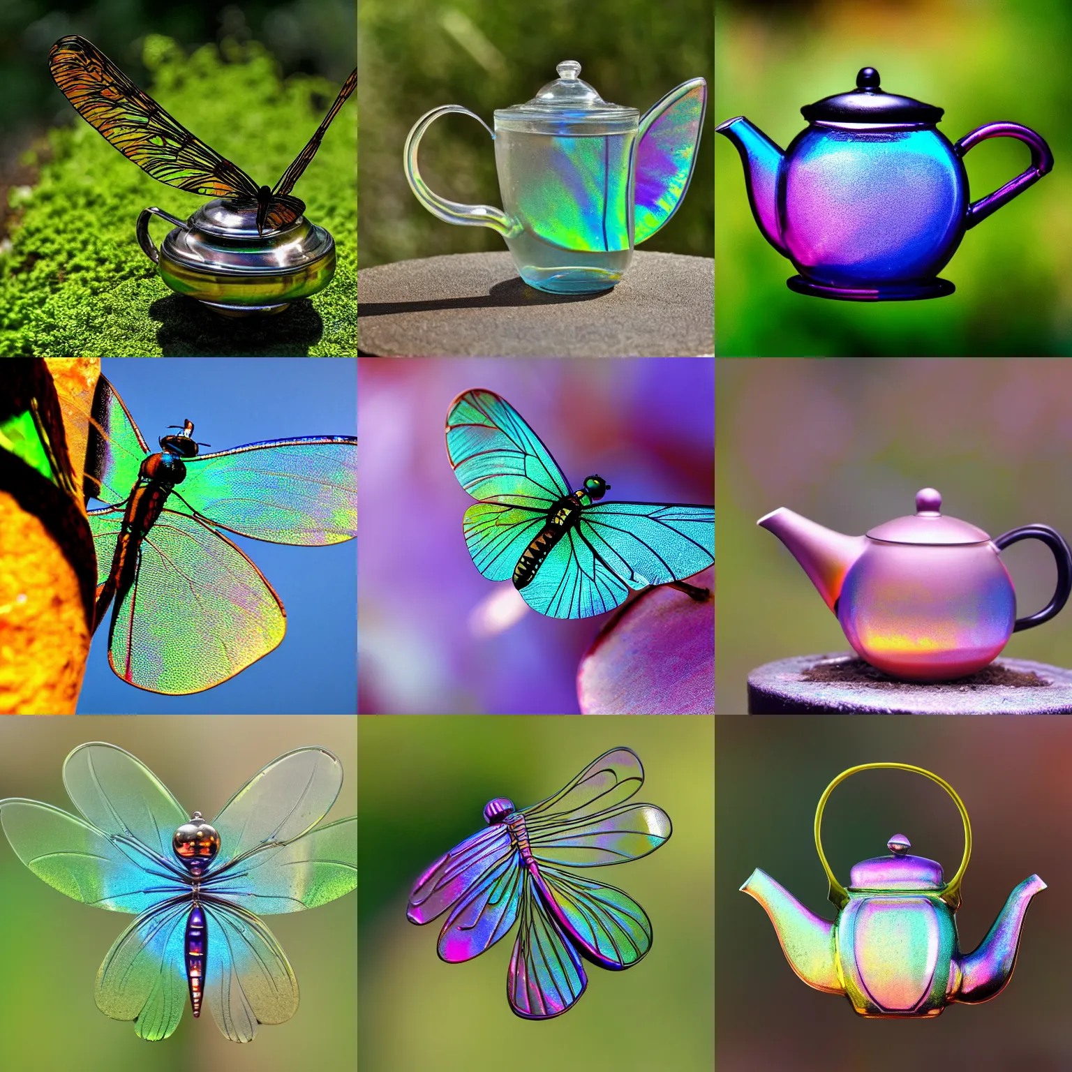 Prompt: wide-angled Nature photo of a teapot-like flying teapot-Dragonfly with iridescent gossamer wings, handle and spout