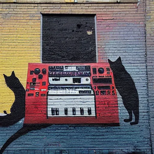 Prompt: Street-art painting of cats on synthesizer in space, style of Banksy, photorealism