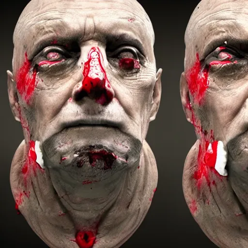 Prompt: fake artificial uncanny face of a old man, odd face proportions, blood on man's face, white and black.