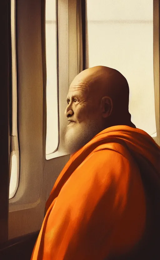 Image similar to portrait of an old monk in a spaceship, looking out the window at a planet, orange robe, dramatic lighting, artstation, matte painting, johannes vermeer
