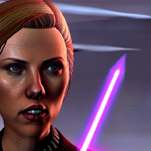 Image similar to video game screenshot of Scarlett Johansson in Star Wars the Old Republic