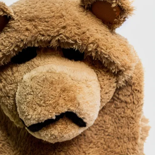 Image similar to the face of kanye west wearing teddy bear costume at 4 2 years old, portrait by julia cameron, chiaroscuro lighting, shallow depth of field, 8 0 mm, f 1. 8