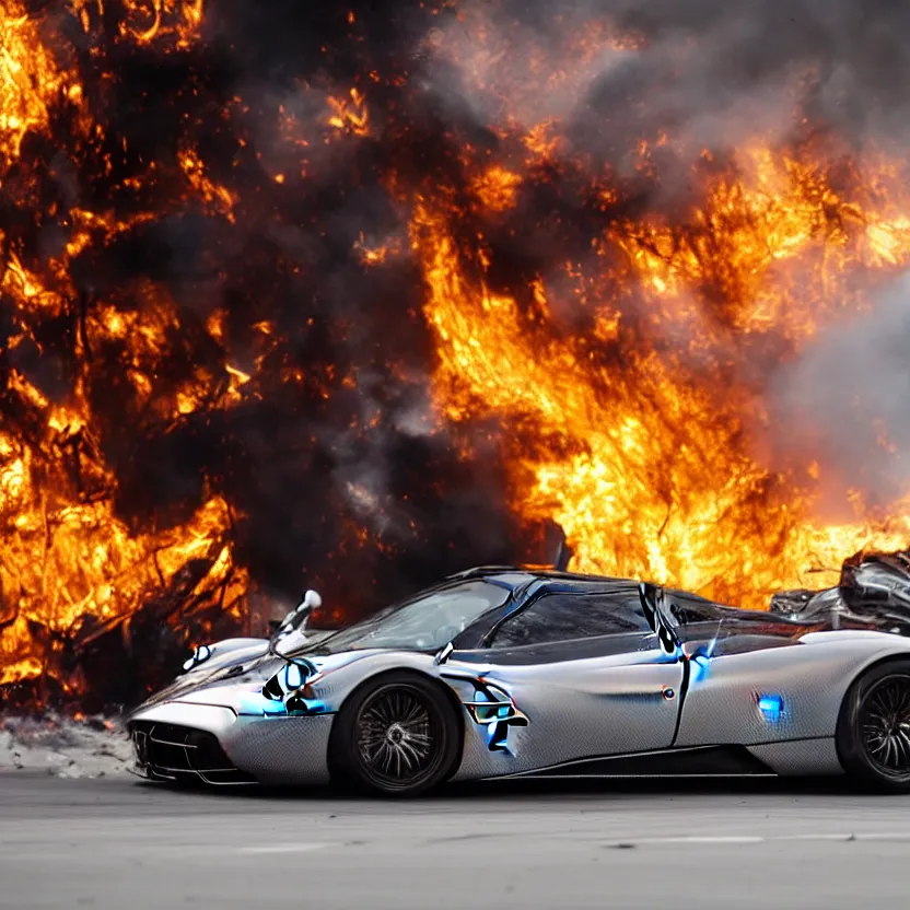 Image similar to close - up of a chrome pagani huayra on fire after a big crash, 8 k, highly detailed, realistic