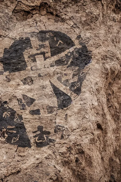 Image similar to 4 k photography of petroglyphs representing crosses, ufo, yin yang symbol on a cave