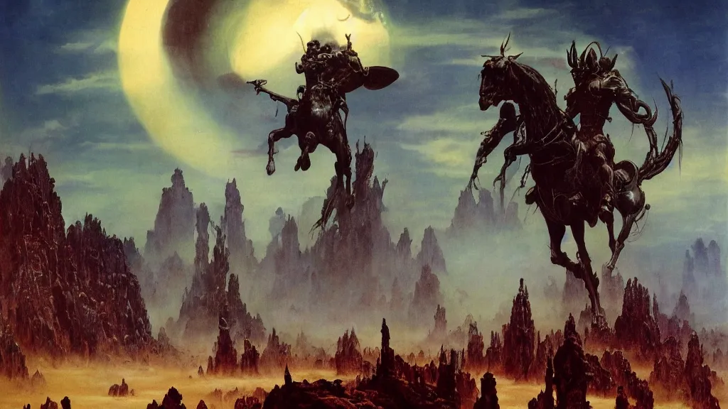 Image similar to surreal eerie alien planet empire, an alien army on a horse like creatures by frank frazetta and bruce pennington, cinematic matte painting