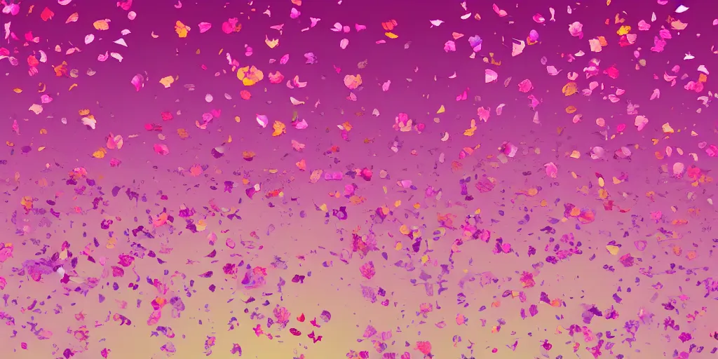 Prompt: background art of spaciously scattered flower petals flowing and floating through the blowing wind from left to right on a simple sunset background, large individual rose petals, angular background elements, polygonal fragments, anime, artgerm, manga, trending on artstation, art nouveau, mature color scheme
