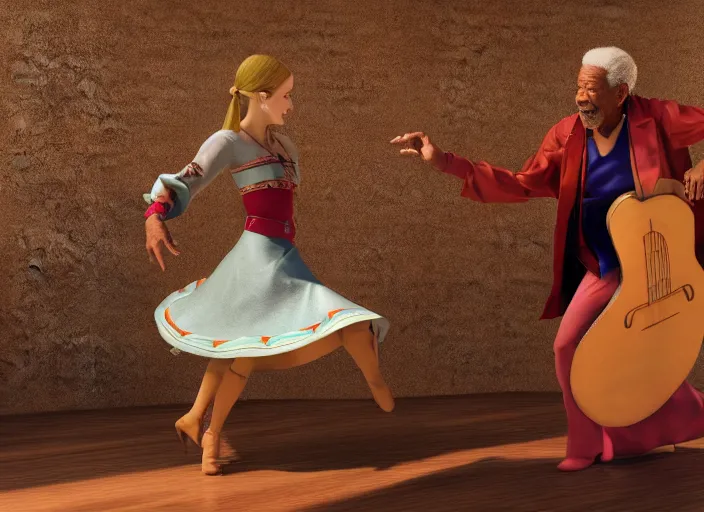 Image similar to morgan freeman playing the spanish guitar and princess zelda from the legend of zelda dancing flamenco, realism, 4 k, award winning photograph octane render, award winning photograph