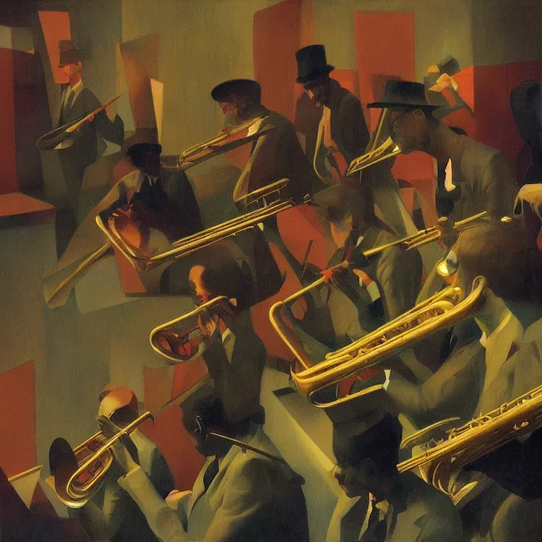 Image similar to jazzband, Edward Hopper and James Gilleard, Zdzislaw Beksinski, Steven Outram highly detailed