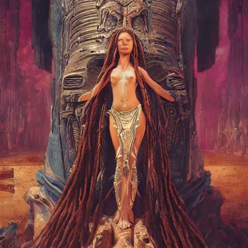 Image similar to octane render, artstation, 8 k, intricate detail, hyper detail, portrait by h. r. giger, gaston bussiere, bayard wu, greg rutkowski, greg rutkowski, sandro botticelli, tan lady of elche egyptian sumerian techno mystic goddess princess intergalactica inanna with aqua neon rapunzel dreadlocks,