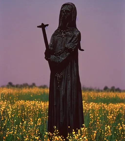 Image similar to mystical black death god figure standing in tall meadow of flowers, film photo, grainy, high detail, high resolution