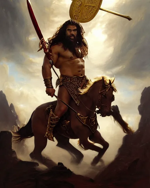Prompt: beautiful portrait oil painting, jason momoa conan the barbarian wearing a golden wreath crown in royal crimson spartan armor enthroned as the god emperor of ancient rome, mid - shot, action pose, standing in a dungeon, frank frazetta, boris vallejo, greg rutkowski, beautiful cinematic light, american romanticism, by thomas lawrence, greg rutkowski