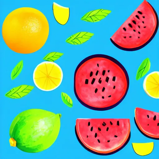 Image similar to retro, hd illustration of watermelons and lemons, mint leaves, inspired by watercolor masterpieces, matisse, malevich, david hockney, colorful, happy, trending on artstation, 4 k