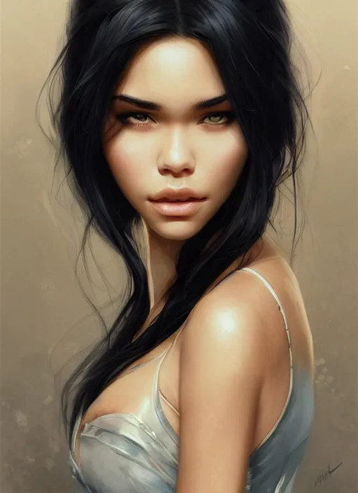 Prompt: woman named madison beer, longblackhair turning to water, highly detailed, portrait, digital painting, trending on artstation, concept art, sharp focus, illustration, art by artgerm and greg rutkowski and magali villeneuve