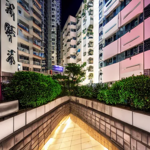 Prompt: hong kong apartment complex courtyard at night, photography