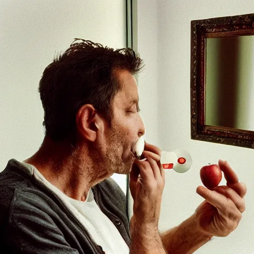 Prompt: a photograph through the mirror, of a beautiful man in his 40s, brushing his teeth with an apple on his head, and a fly on the apple