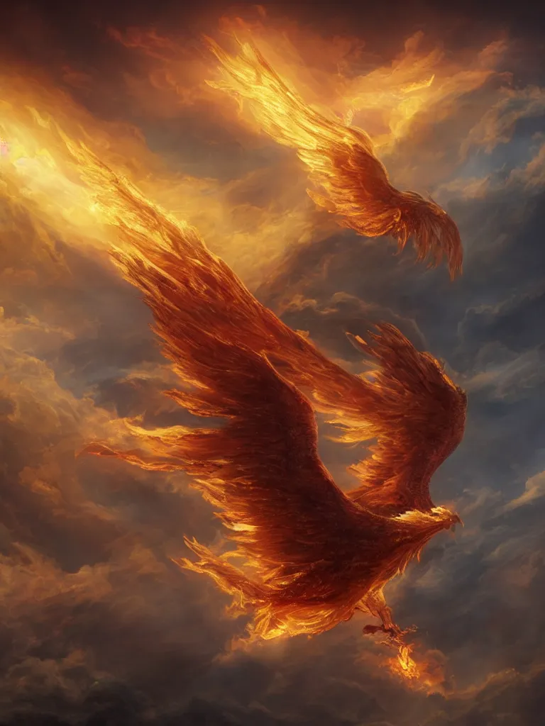 Prompt: A golden fire-burning phoenix flying in the clouds, A beam of holy light hits the phoenix，fantasy matte painting，rich colors, high details，Flame effect，light effect，by Fenghua Zhong and Jonas De Ro and John Pitre，trending on cgsociety and artstation，8kHDR，unreal engine， Houdini particle effects，