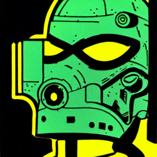 Image similar to portrait of a mutant chronicles bauhaus doomtrooper, wearing green battle armor, a yellow smiley sticker centered on helmet, by moebius