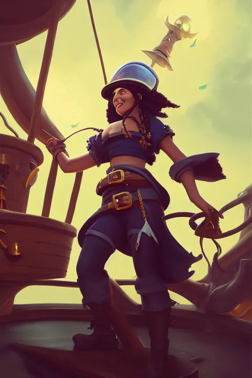 Image similar to a pritate with an astronaut helmet with long black hair on a pirate ship, d & d, sea of thieves, fantasy digital painting, trending on artstation, concept art, sharp focus, illustration, global illumination, ray tracing, realistic shaded, art by artgerm and greg rutkowski and fuji choko and viktoria gavrilenko and hoang lap