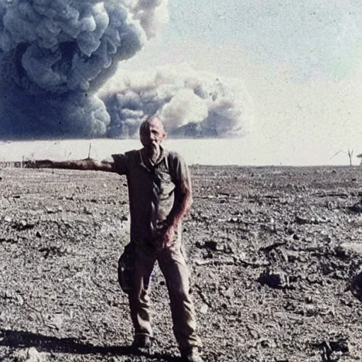 Prompt: last selfie of last alive ukrainian very damaged after a nuclear strike, a nuclear explosions in the background, dead bodies everywhere, 2 0 2 2