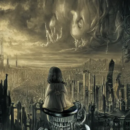 Image similar to a photo of young sad victorian gothic child with big eyes and wide grin sitting on a sofa of bones surrounded by a cyber futuristic cityscape made of human body parts, ultra detailed, 8 k resolution, beautiful lighting, expansive detailed layered city, landscape, 5 0 mm, perfect faces