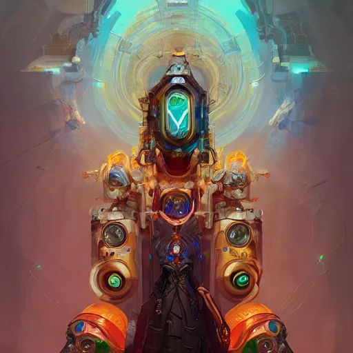 Image similar to the old wizard, cyberpunk, bionics, augments, lights, cables, elegant gleaming intricate baroque jewellery, colorful, vivid, imposing, epic, digital painting, artstation, concept art, by peter mohrbacher and wlop and rhads,